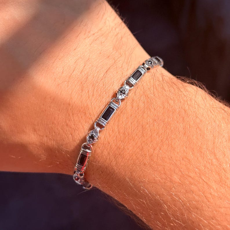 Men Silver Black Onyx Hand-Engraved Byzantine Chain Bracelet