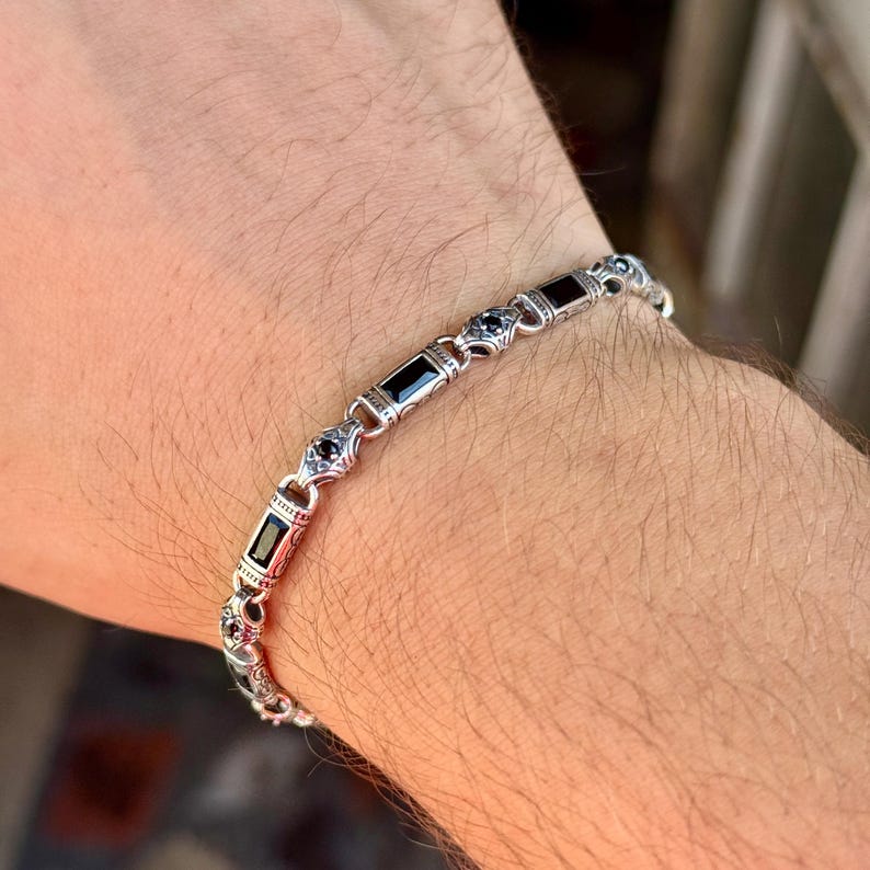 Men Silver Black Onyx Hand-Engraved Byzantine Chain Bracelet