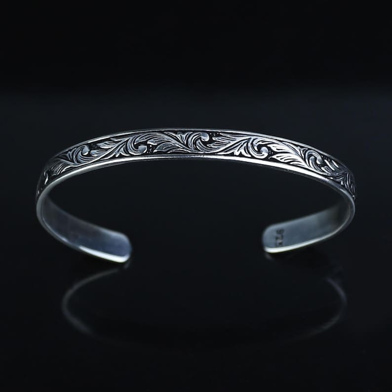 925 Sterling Silver Handmade Engraved Cuff Bracelet