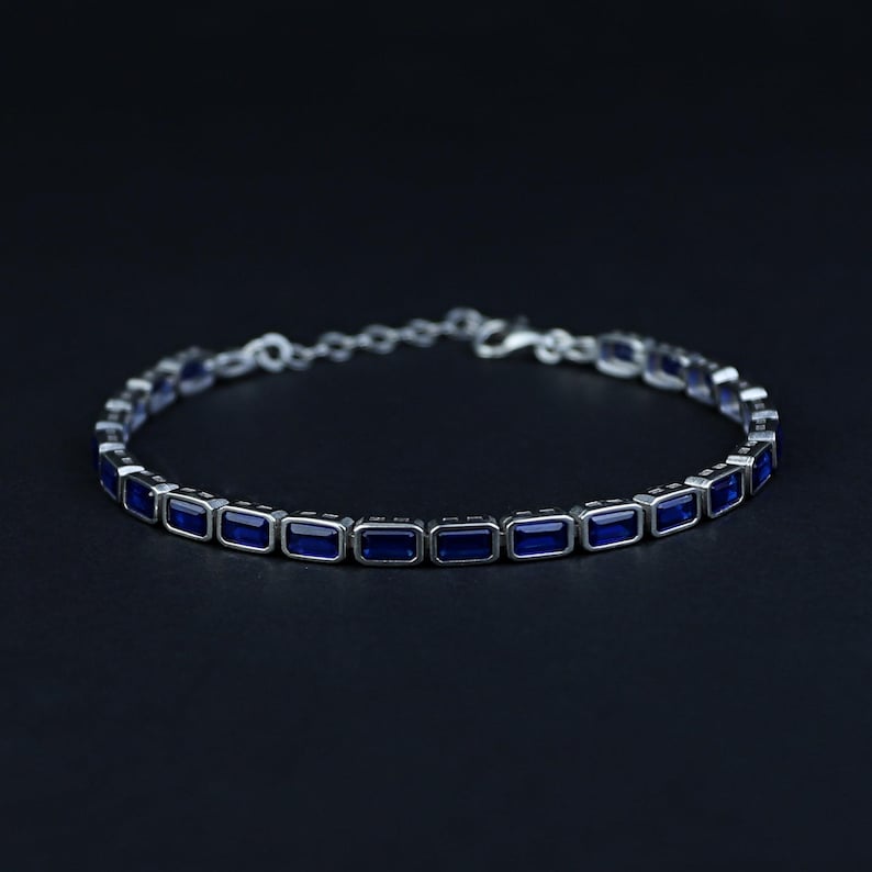 Silver Luxury Sapphire Men Minimal Blue Sapphire Link Bracelet