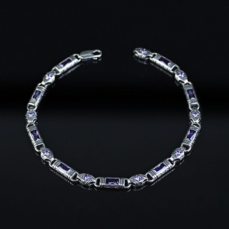 925 Men Silver Amethyst Engraved Byzantine Link Bracelet