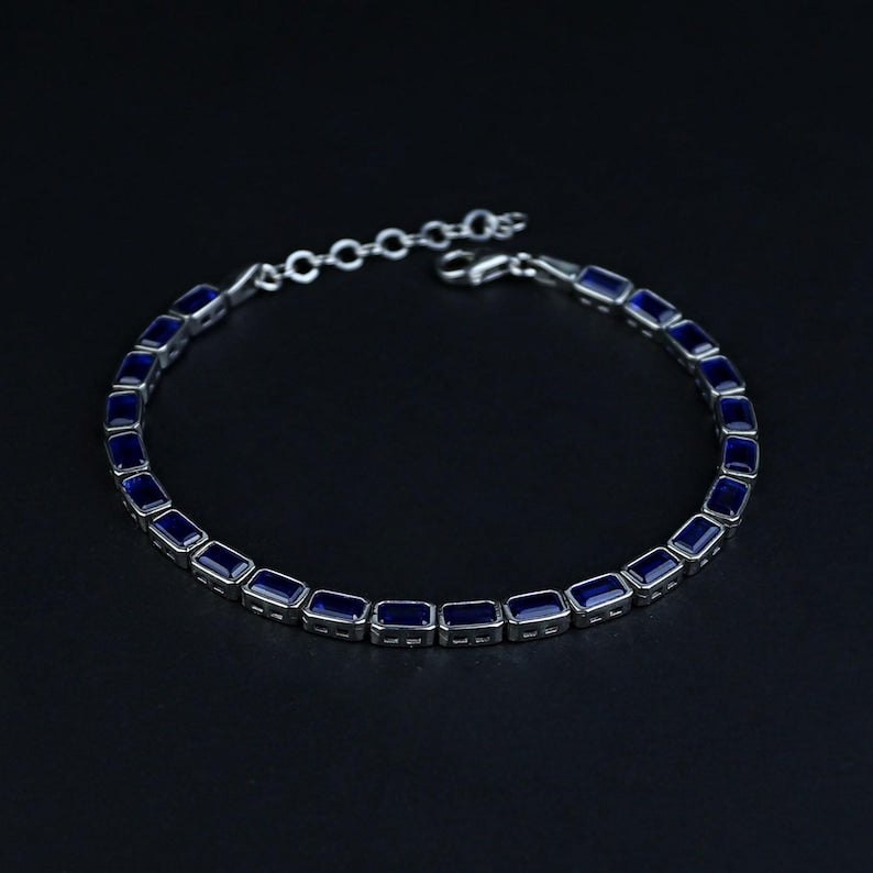 Silver Luxury Sapphire Men Minimal Blue Sapphire Link Bracelet