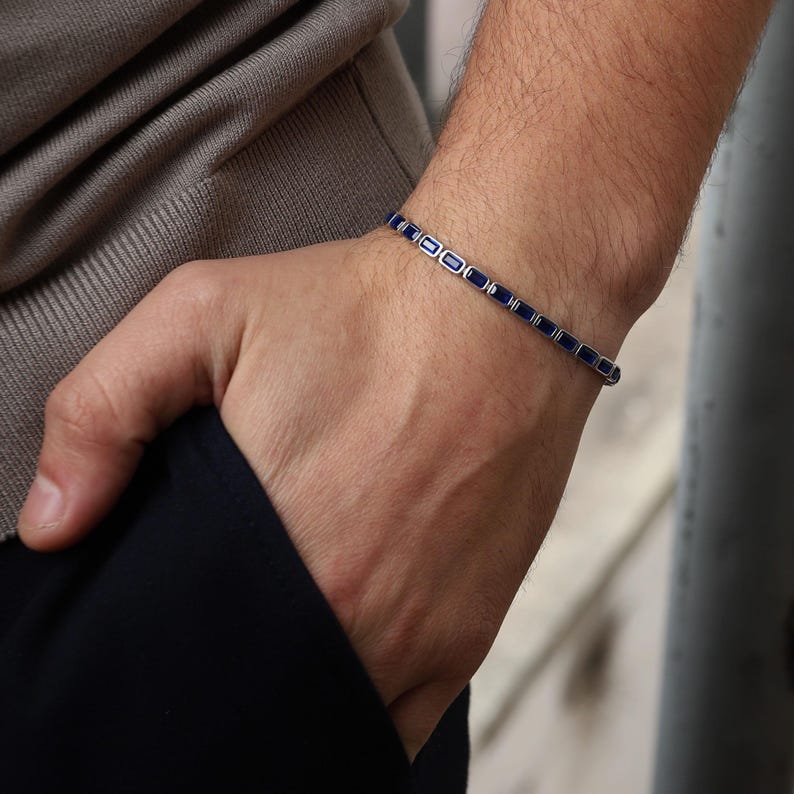 Silver Luxury Sapphire Men Minimal Blue Sapphire Link Bracelet