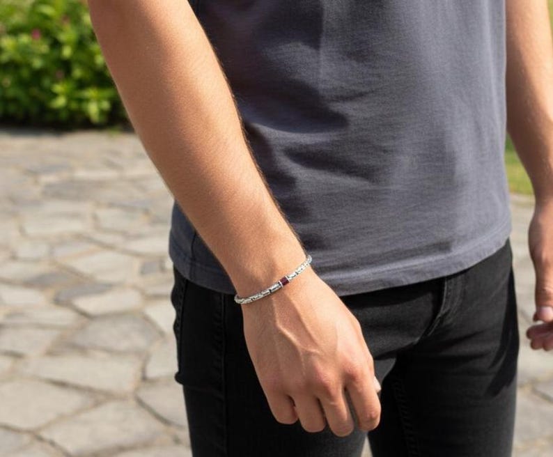 Men Handmade Ruby Stone Byzantine Chain Bracelet