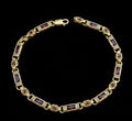 Men Gold Ruby Hand-Engraved Silver Byzantine Chain Bracelet