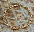 Men Gold Ruby Hand-Engraved Silver Byzantine Chain Bracelet