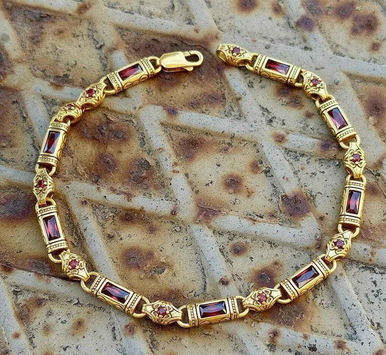 Men Gold Ruby Hand-Engraved Silver Byzantine Chain Bracelet