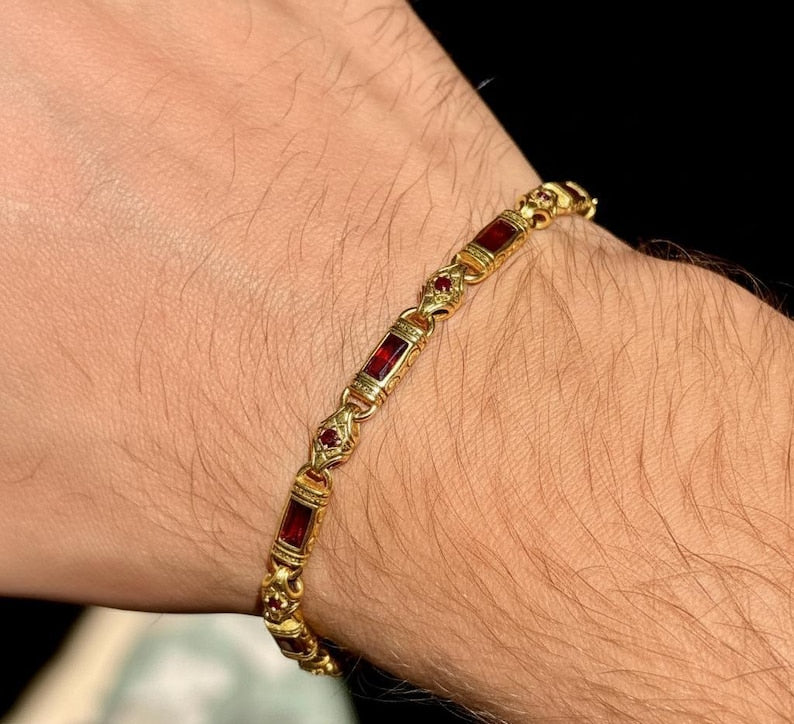 Men Gold Ruby Hand-Engraved Silver Byzantine Chain Bracelet