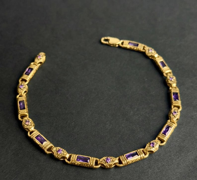 Men Handmade Gold Plated Amethyst Byzantine Link Chain Bracelet