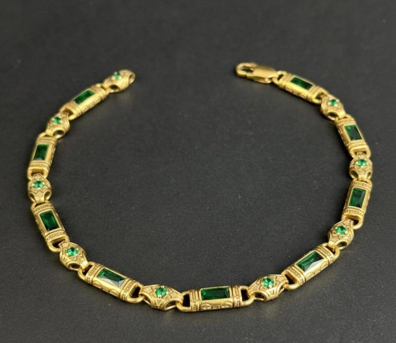 Men Handmade Gold Plated Emerald Gemstone Byzantine Link Bracelet