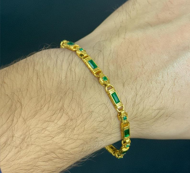 Men Handmade Gold Plated Emerald Gemstone Byzantine Link Bracelet
