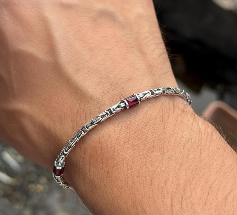 Men Handmade Ruby Stone Byzantine Chain Bracelet