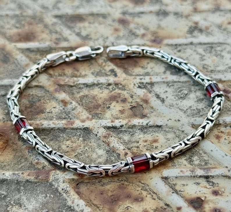 Men Handmade Ruby Stone Byzantine Chain Bracelet