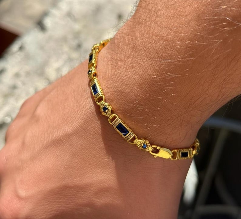 Men Handmade Gold Sapphire Gemstone Byzantine Chain Bracelet