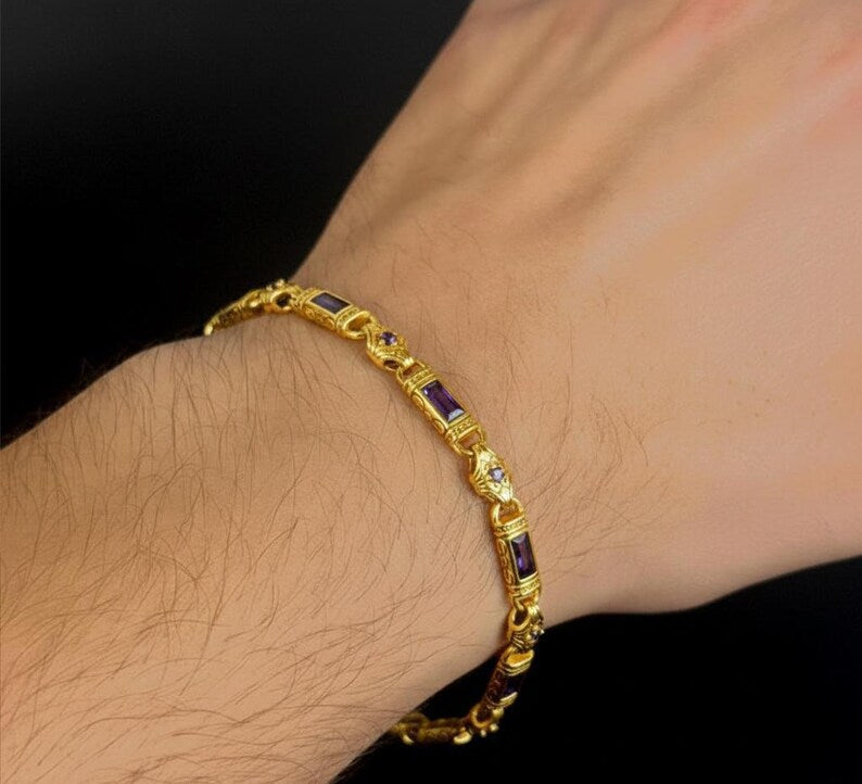 Men Handmade Gold Plated Amethyst Byzantine Link Chain Bracelet
