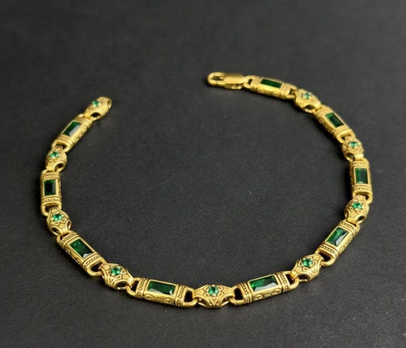 Men Handmade Gold Plated Emerald Gemstone Byzantine Link Bracelet