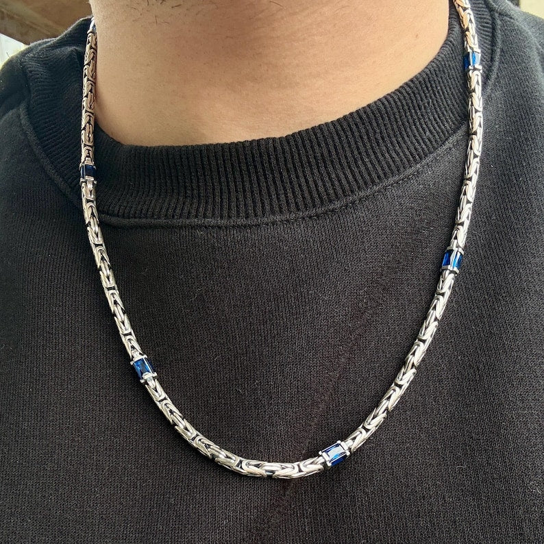Solid Silver Sapphire Gemstone Byzantine Chain Necklace