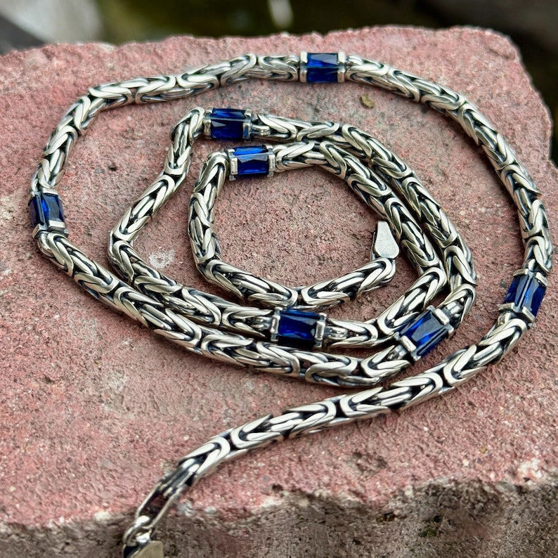 Solid Silver Sapphire Gemstone Byzantine Chain Necklace