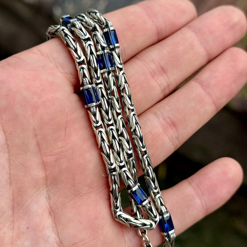 Solid Silver Sapphire Gemstone Byzantine Chain Necklace