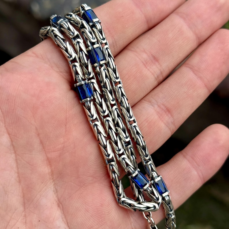 Solid Silver Sapphire Gemstone Byzantine Chain Necklace