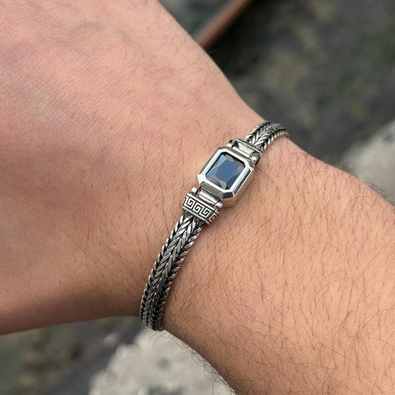 925 Sterling Silver Onyx Gemstone Foxtail Chain Bracelet