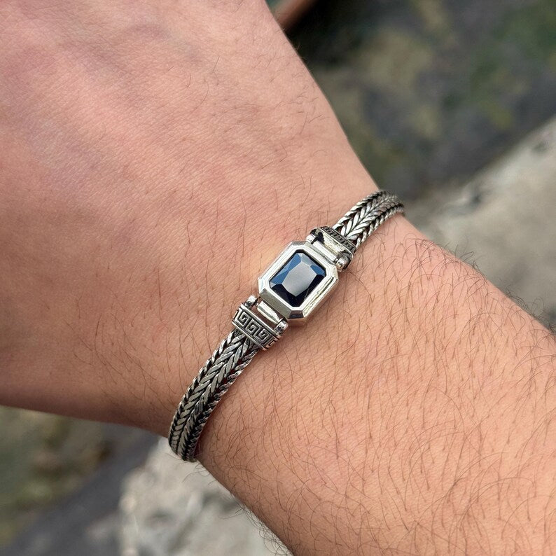 925 Sterling Silver Onyx Gemstone Foxtail Chain Bracelet