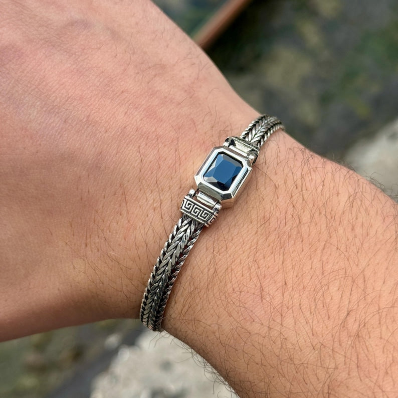 925 Sterling Silver Onyx Gemstone Foxtail Chain Bracelet