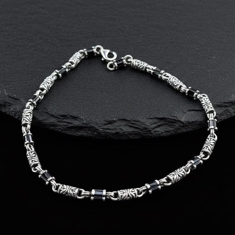 925 Sterling Silver Onyx Stone Minimal Engraved Byzantine Bracelet