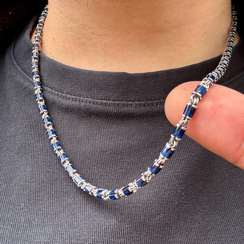 Collar de plata 925 hecho a mano para hombre con zafiro y cadena vintage.