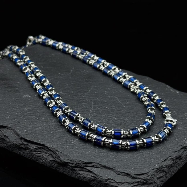 925 Silver Men Handmade Sapphire Gemstone Vintage Chain Necklace