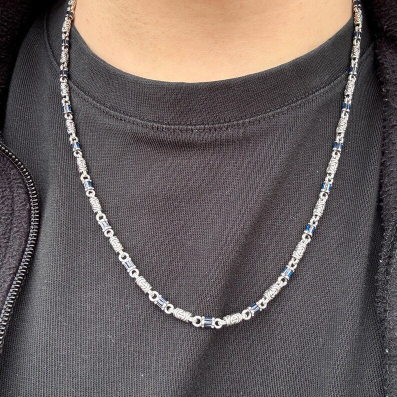 925 Solid Silver Sapphire Gemstone Link Chain Byzantine Necklace