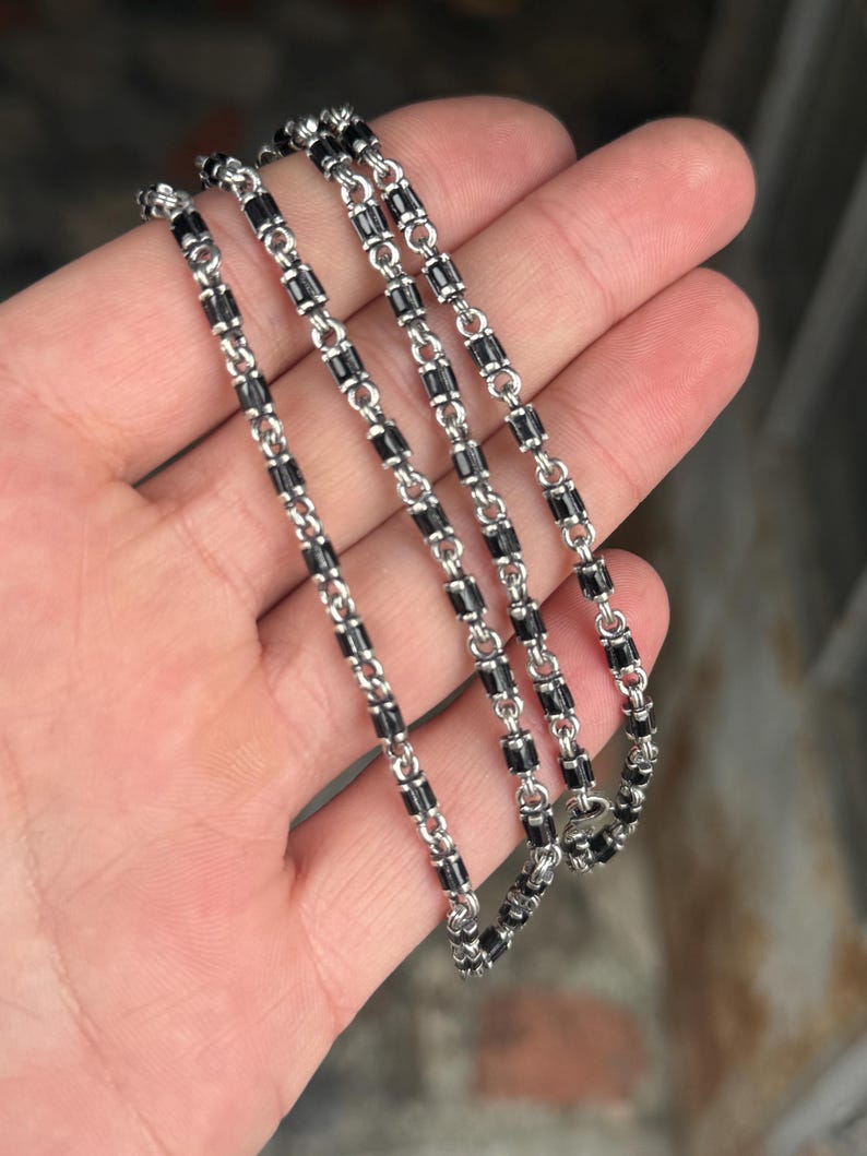 925 Solid Silver Black Onyx Gemstone Link Chain Byzantine Necklace
