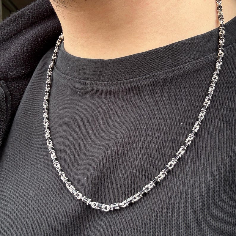 925 Solid Silver Black Onyx Gemstone Link Chain Byzantine Necklace