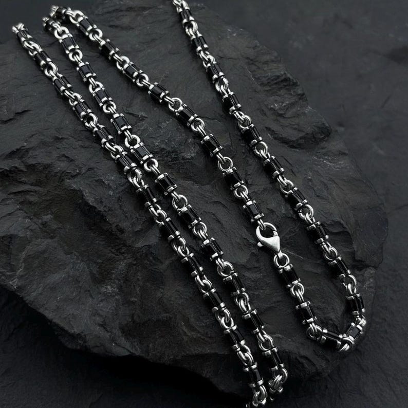 925 Solid Silver Black Onyx Gemstone Link Chain Byzantine Necklace