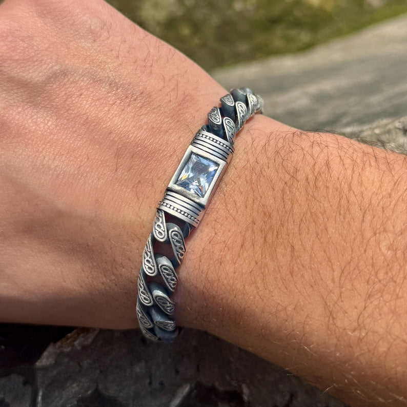 Men Handmade White Moissanite Gemstone Curb Chain Cuban Bracelet