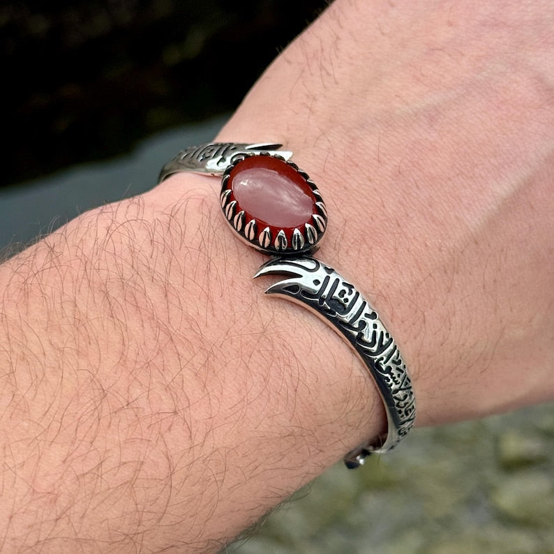 925 Sterling Silver Handmade Red Agate Zulfiqar Sword Cuff Bracelet