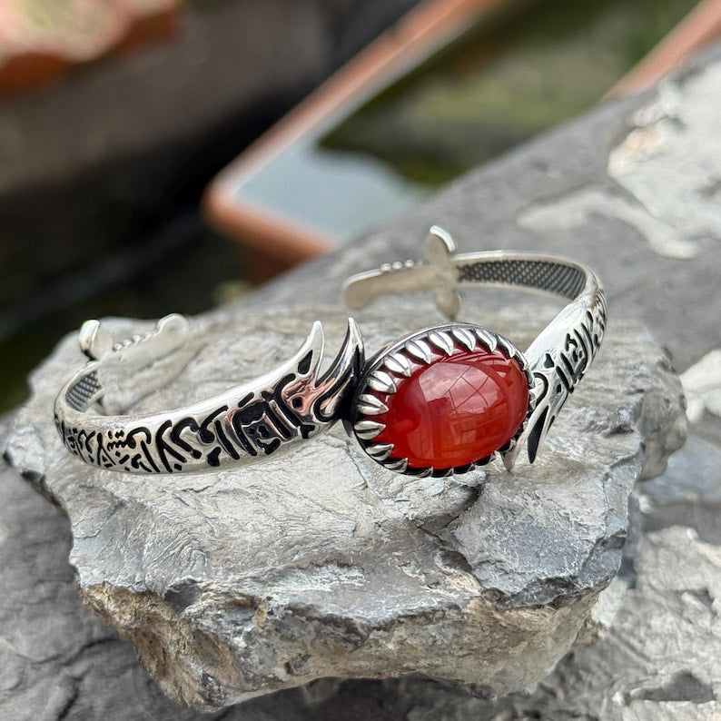 925 Sterling Silver Handmade Red Agate Zulfiqar Sword Cuff Bracelet