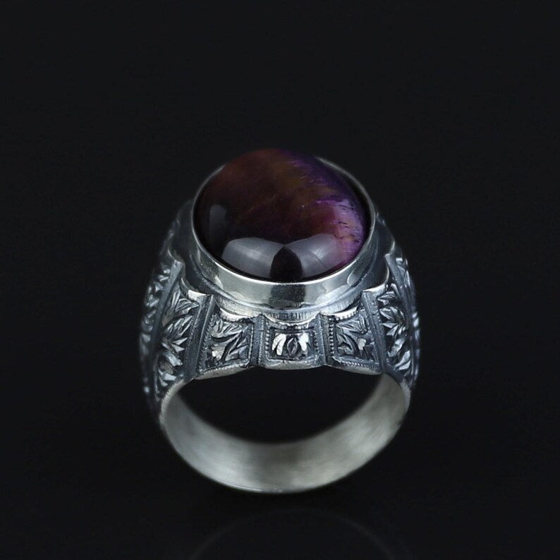 Mens Silver Natural Purple Tiger Eye Turkish Handmade Ring