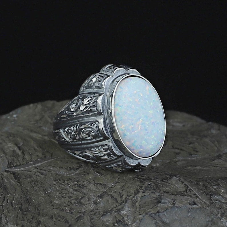 Anillo de plata de ley 925 hecho a mano con gema de ópalo blanco fuego para hombre