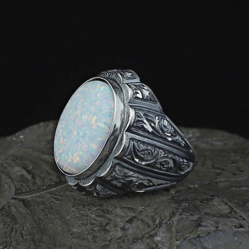 Anillo de plata de ley 925 hecho a mano con gema de ópalo blanco fuego para hombre