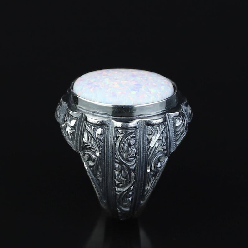 Anillo de plata de ley 925 hecho a mano con gema de ópalo blanco fuego para hombre