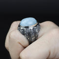Anillo de plata de ley 925 hecho a mano para hombre con piedra aguamarina natural.