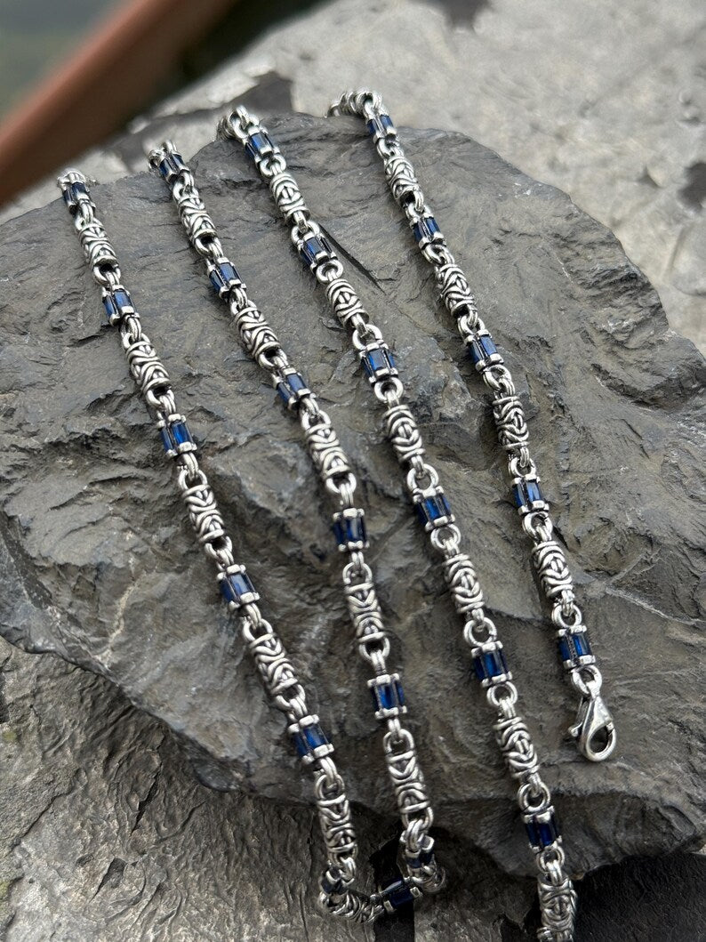 925 Solid Silver Sapphire Gemstone Link Chain Byzantine Necklace