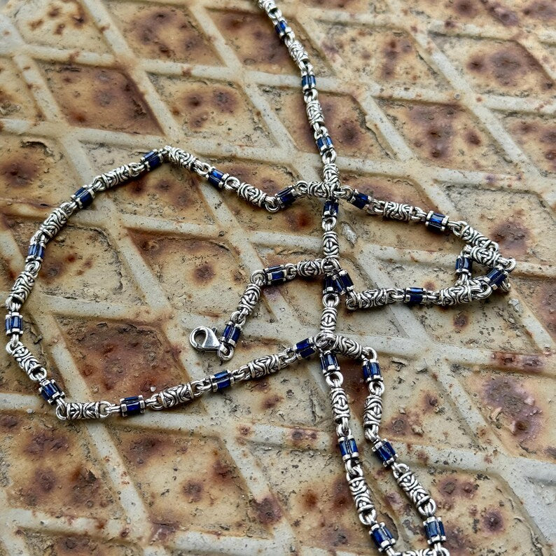 925 Solid Silver Sapphire Gemstone Link Chain Byzantine Necklace 925 Solid Silver Sapphire Gemstone Link Chain Byzantine Necklace