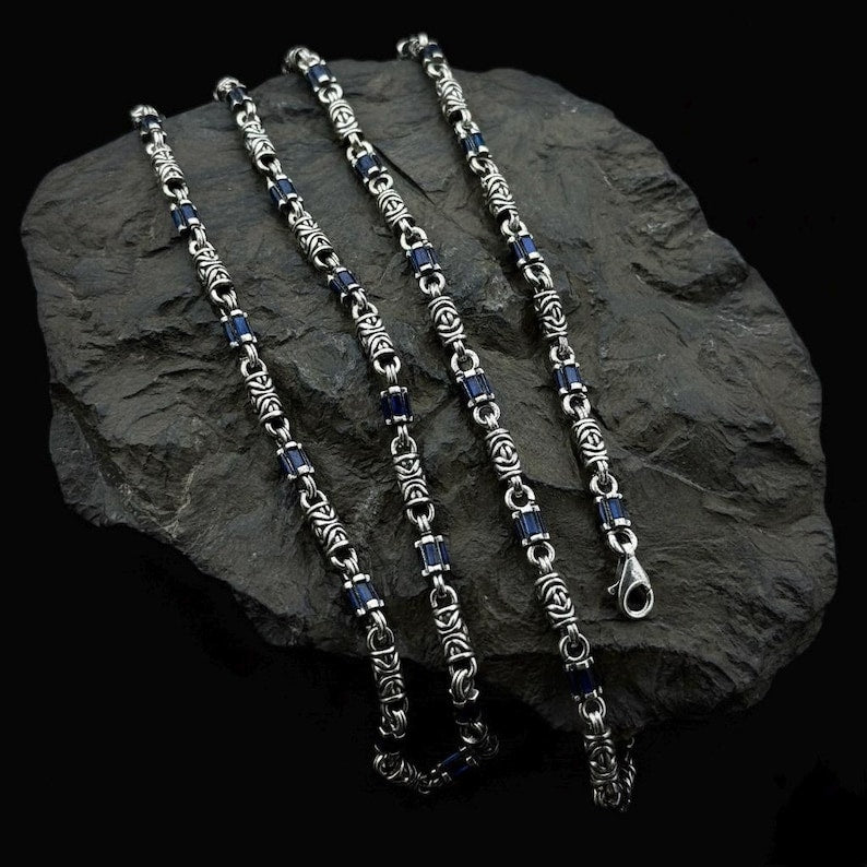 925 Solid Silver Sapphire Gemstone Link Chain Byzantine Necklace