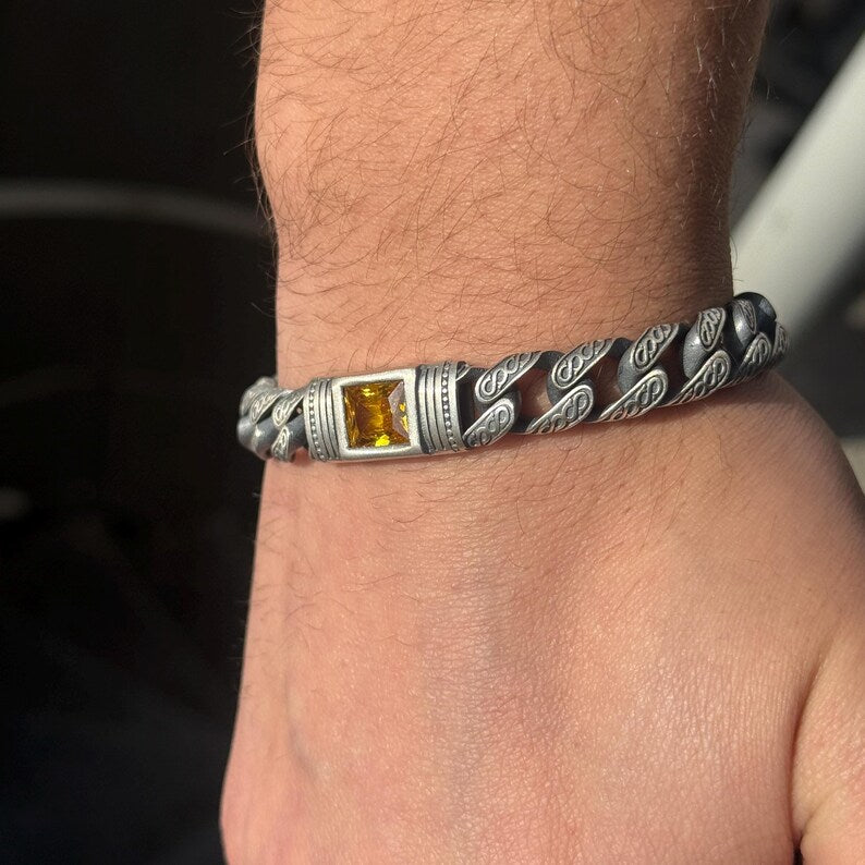 Men Handmade Curb Chain Yellow Citrine Gemstone Ring