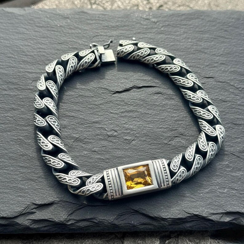 Men Handmade Curb Chain Yellow Citrine Gemstone Ring