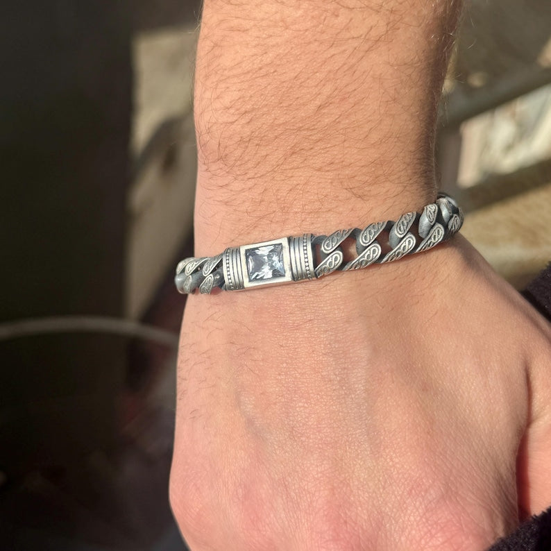 Men Handmade White Moissanite Gemstone Curb Chain Cuban Bracelet