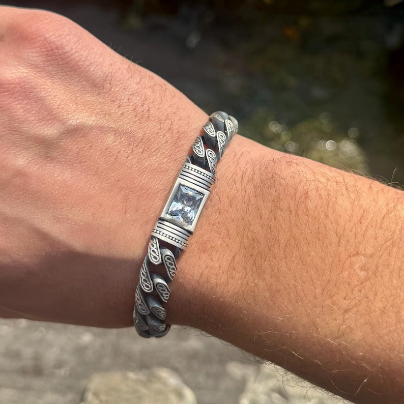 Men Handmade White Moissanite Gemstone Curb Chain Cuban Bracelet