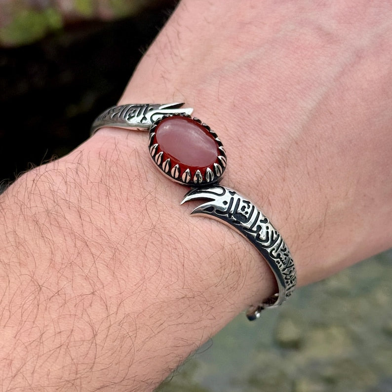 925 Sterling Silver Handmade Red Agate Zulfiqar Sword Cuff Bracelet
